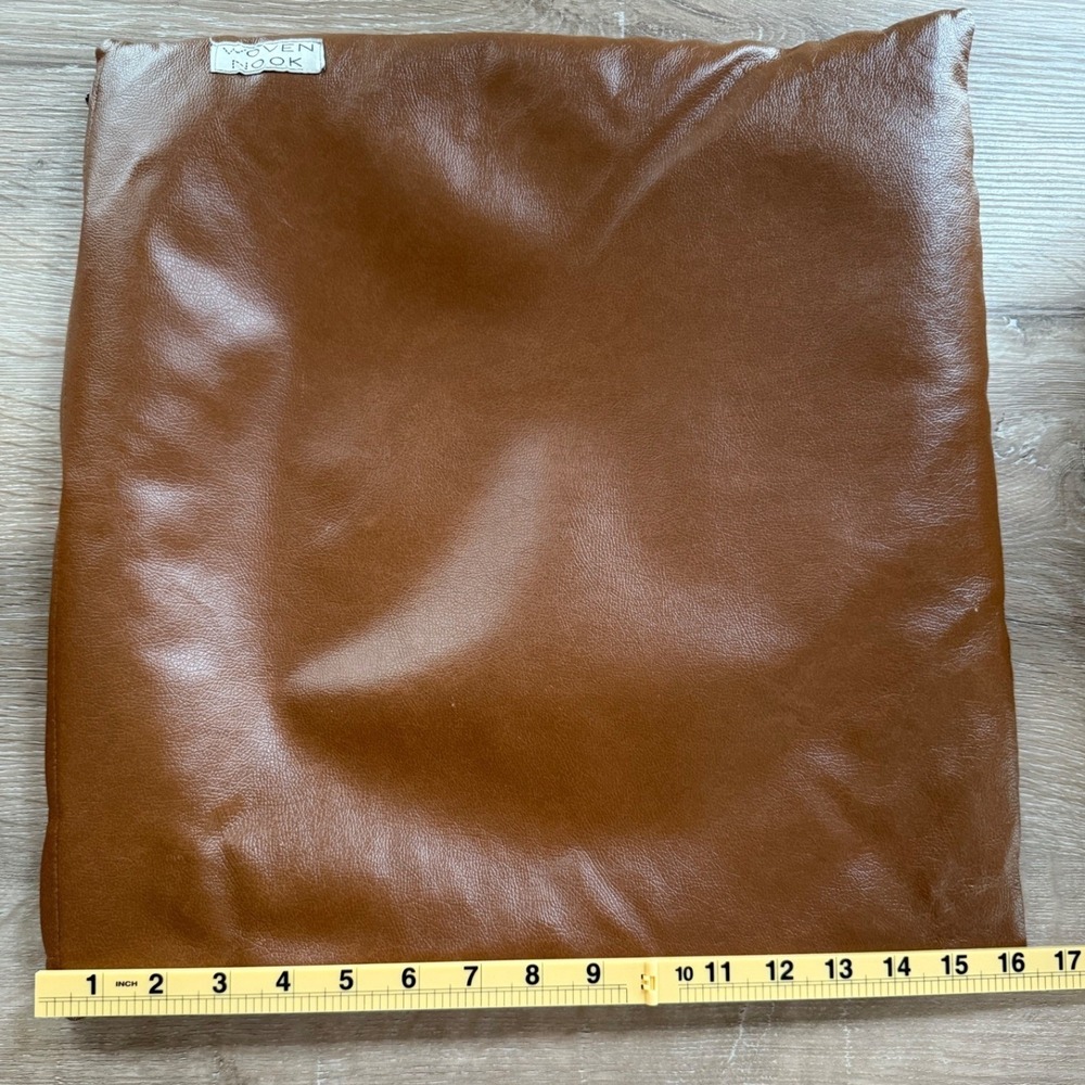 Woven Nook Pillow Covers Set of 2 Cognac Brown Faux Leather 18' Square Modern - Picture 14 of 16